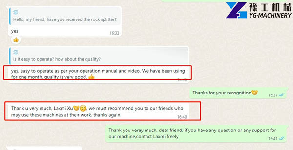 customer's feedback for the hydraulic rock splitter